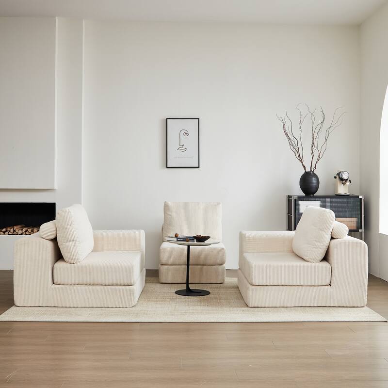 108'' Corduroy Convertible 3-Seater Sofa Bed in Beige with Foam Material