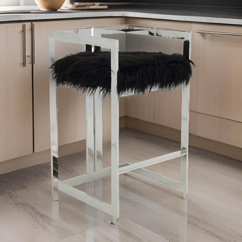 Suki 30 Inch Barstool Chair, Cushioned Black Faux Fur, Silver Cantilever