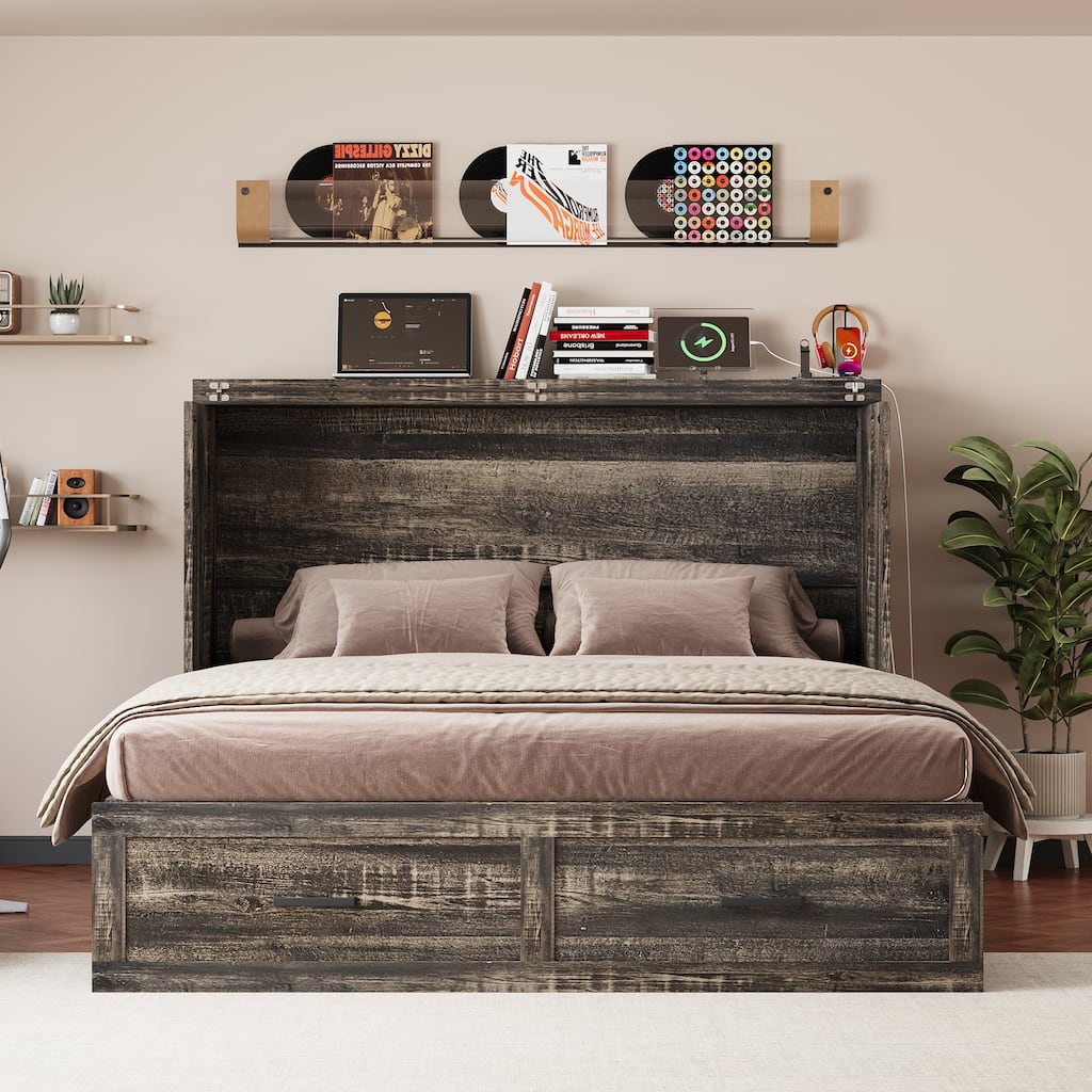 Murphy Bed with Storage&Charging Station/Queen Murphy Cabinet Bed with Large Drawer/Pull out Platform Bed/Mattress Not Included