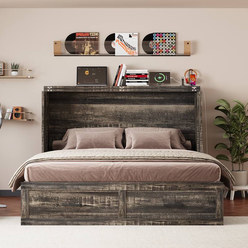 Queen Murphy Bed with Charging Station & Large Storage Drawer, Farmhouse Cabinet Hideaway Bed for Guest Room