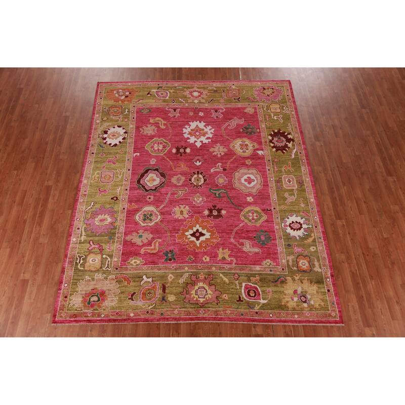 Hand Knotted Oriental 100% Wool Carpet Transitional All-Over Pink Oushak Area Rug - 9' 8'' X 8' 0''