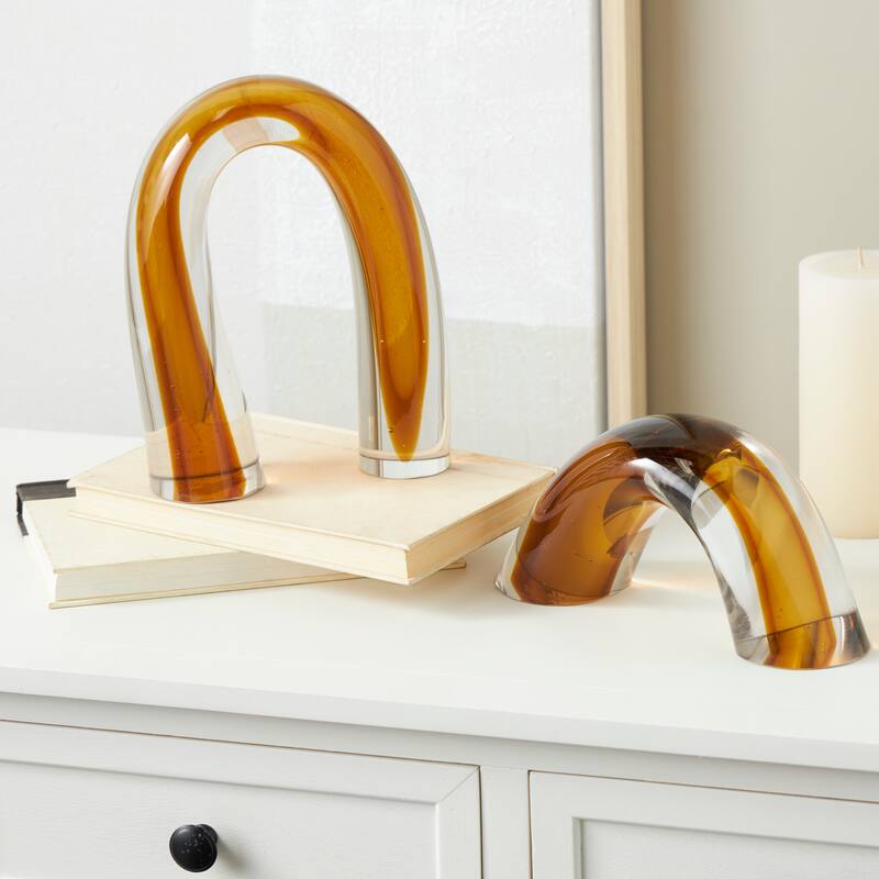 Orange Glass Arch Abstract Decorative Sculpture with Clear Accents (Set of 2)