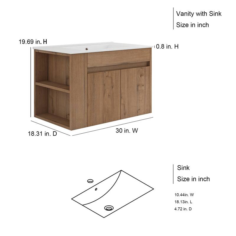 30 inch Wood Wall-Mounted Bathroom Vanity Set with Integrated Ceramic Sink