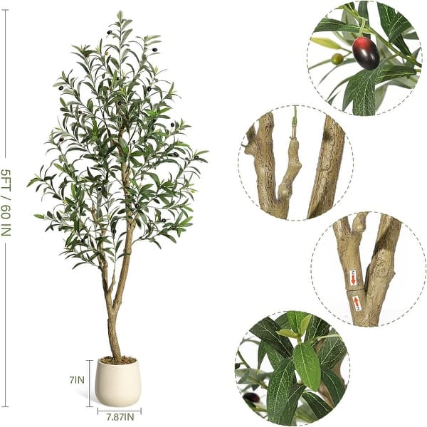 dimension image slide 1 of 3, Artificial Olive Tree, Faux Silk Plant with White Planter, Natural Trunk & Fruits for Home or Office Decor, 1 Pack