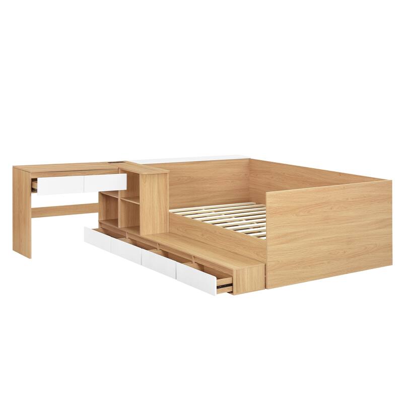 Full Wood Platform Bed - 6 Drawers, Shelves & Dressing Table, Space-Saving Design