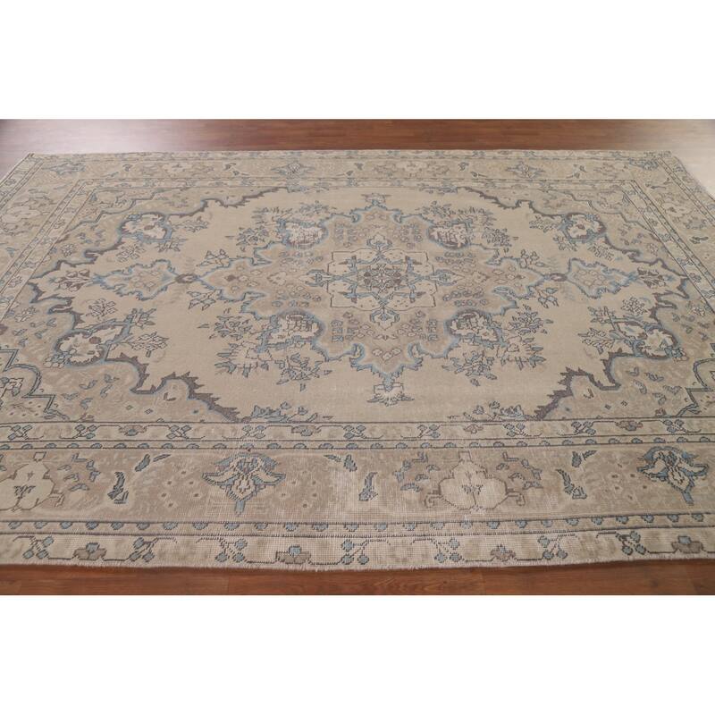 Vintage Distressed Tabriz Persian Rug Beige Handmade Wool Carpet - 6'11" x 10'4"
