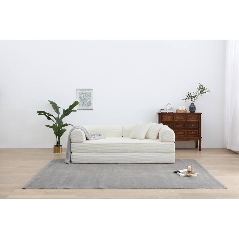 Convertible Sleeper Sofa Bed Corduroy Folding with Cylindrical Pillow Living Room