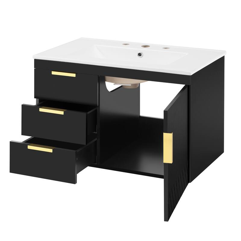 30" Wall Mounted Bathroom Cabinet with Side Cabinet Combo, Bathroom Cabinet with Soft-Closing Door and Drawers