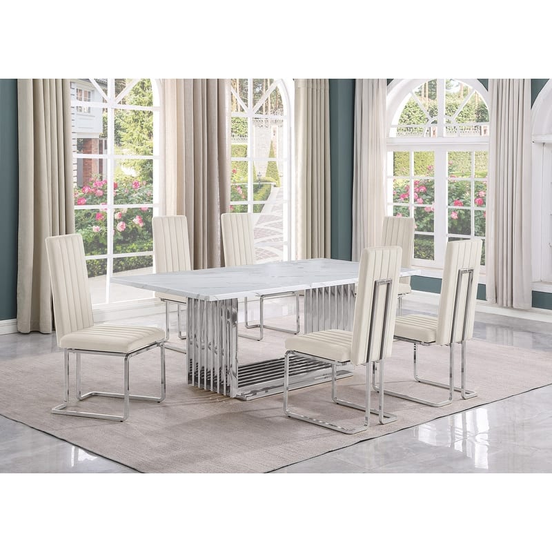 Best Quality Furniture D312/3-SC340-7 Dining Set with 79" White Marble Top - 7-Piece - Cream / Silver