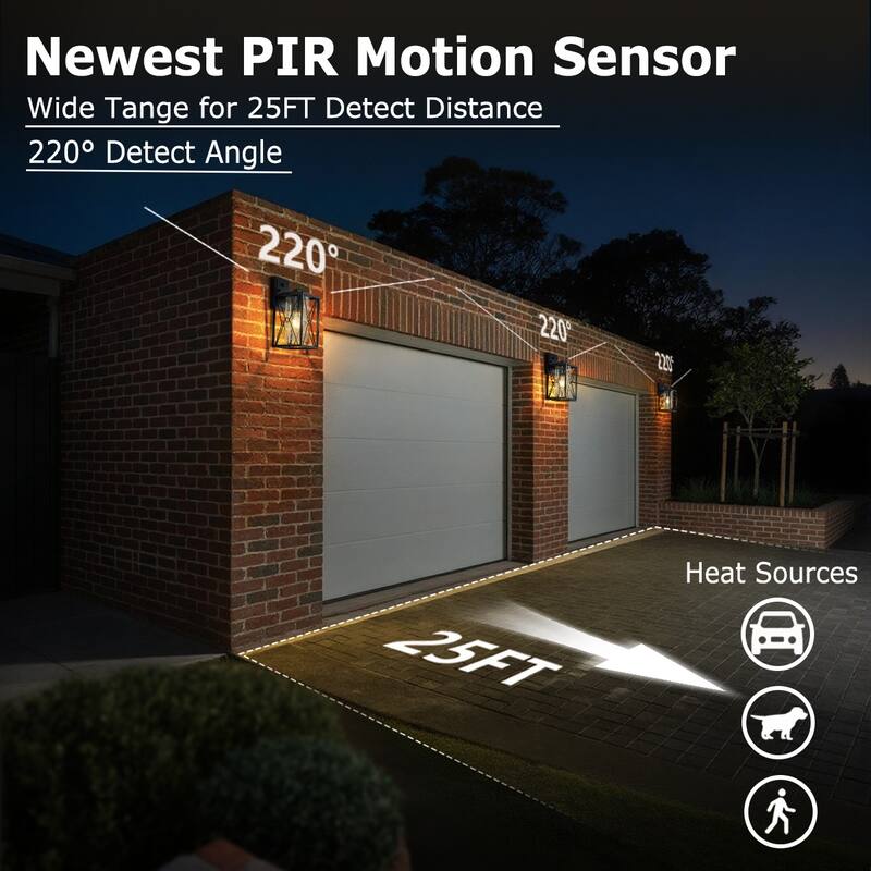 Motion Sensor Outdoor Wall Lanterns with Seeded Glass, Set of 2 - Black