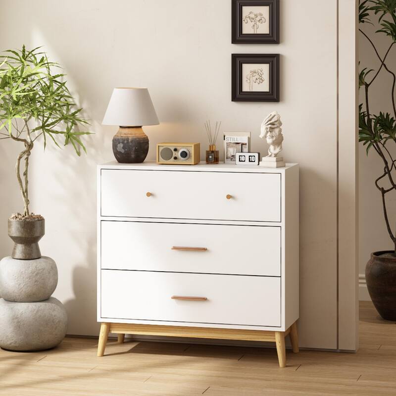 Nordic Style 3-Drawer Storage Cabinet, Modern White Chest of Drawers with Rose Gold Handles & Solid Wood Base