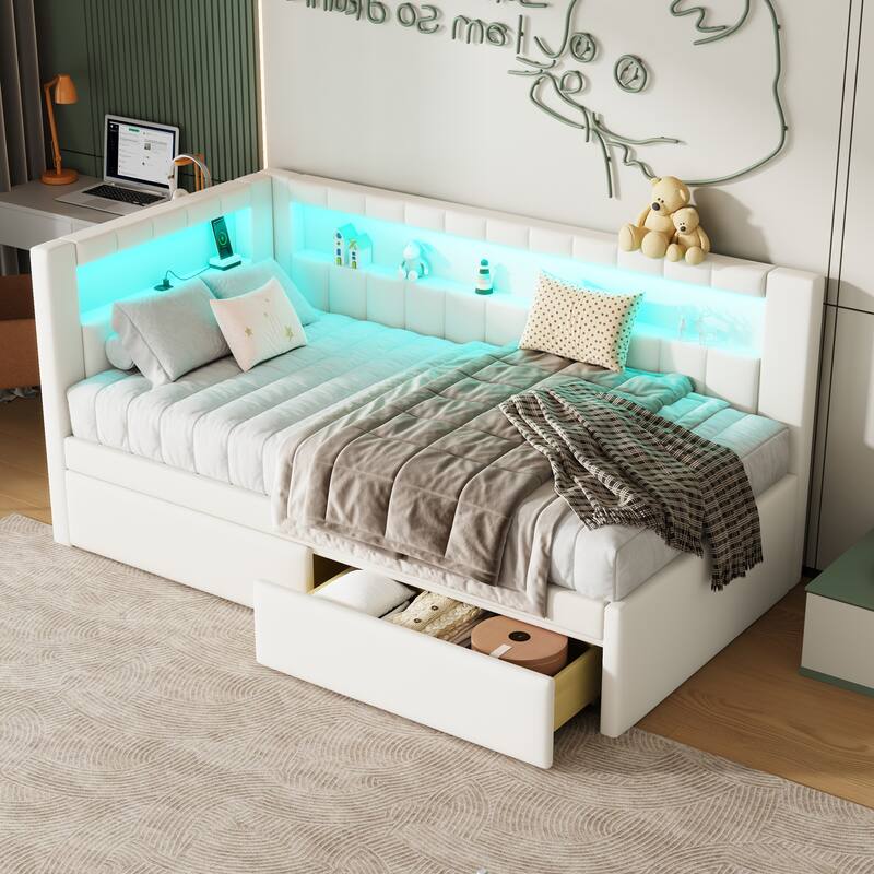 Platform Bed Linen Upholstered Daybed with L-shaped Headboard USB Ports and Light for Night's Sleep, Choose 2 Drawer or Trundle