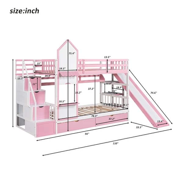 dimension image slide 0 of 4, Castle Bunk Bed with Slide & Storage Stairs, Wooden Storage Bedframe