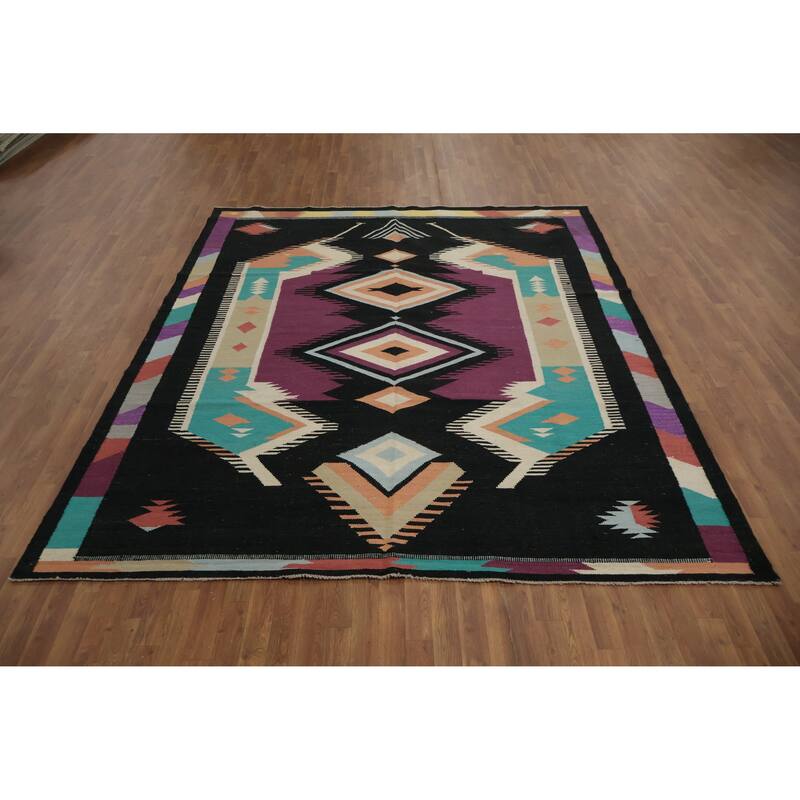Hand Woven Oriental 100% Wool Carpet Southwestern Tribal Black Kilim Area Rug - 9' 10'' X 8' 4''