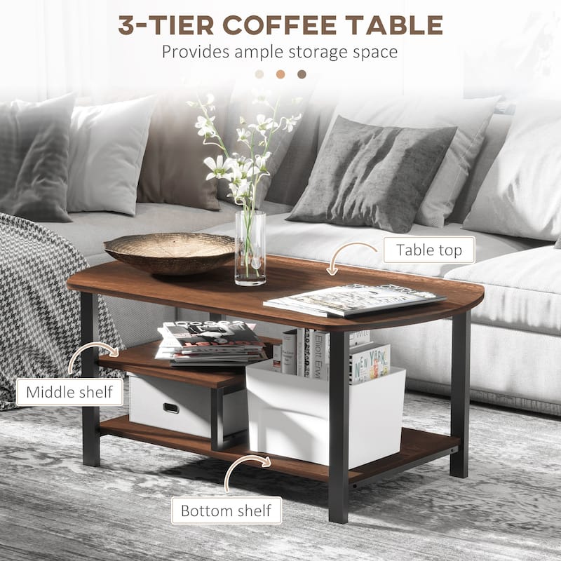 Vintage Indoor Coffee Table with Wood Grain Top Black Metal Frame Large Storage Shelves for Living Room Bedroom Study