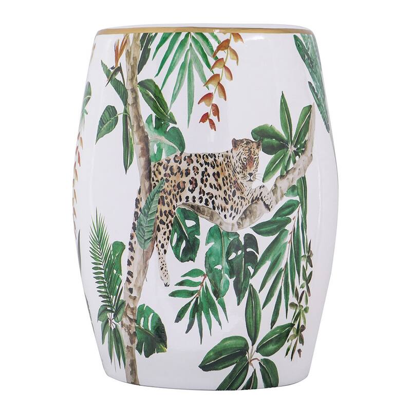 18 Inch Ceramic Accent Table, Drum Shape, Tropical Print, White, Green