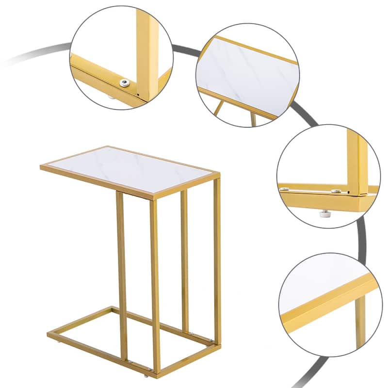 Modern Side End Accent C Table Living Room, White Marble, Gold