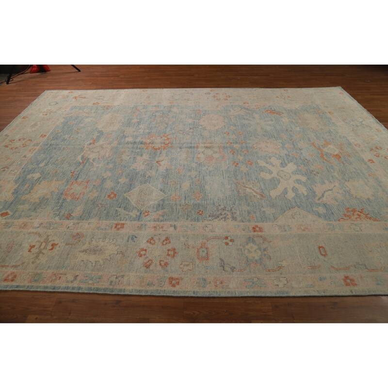 Light Blue Vegetable Dye Oushak Turkish Area Rug Handmade Wool Carpet - 8'9"x 11'8"