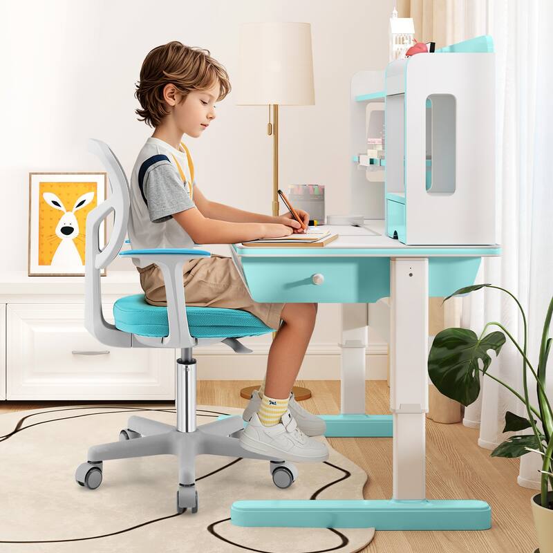 Kids Ergonomic Adjustable Height Study Chair with Swivel Seat and Mesh Backrest and Armrests