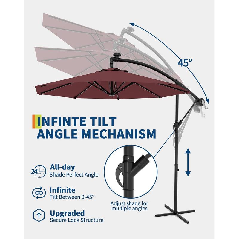 Coromose 10FT Hanging Cantilever Umbrella, 8 Ribs, 360 Rotating Base
