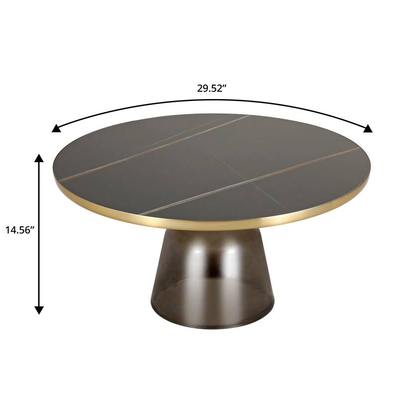 30-Inch Round Coffee Table Glass/Stone Tabletop with Gold Iron Rim Frame Glass Pedestal Base