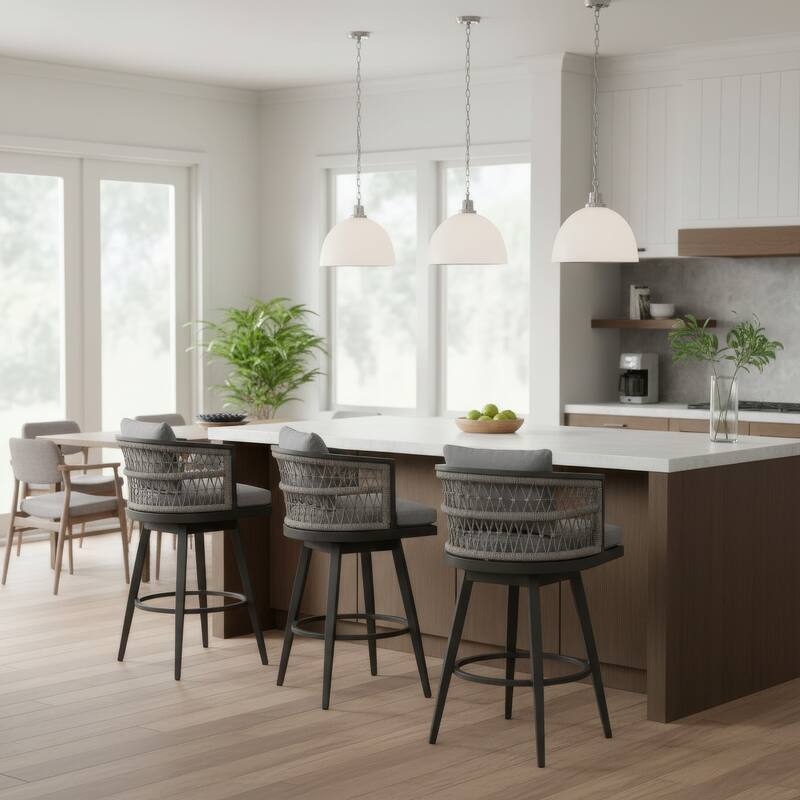 Hosa 30 Inch Outdoor Swivel Barstool Chair, Gray Aluminum, Woven Rope