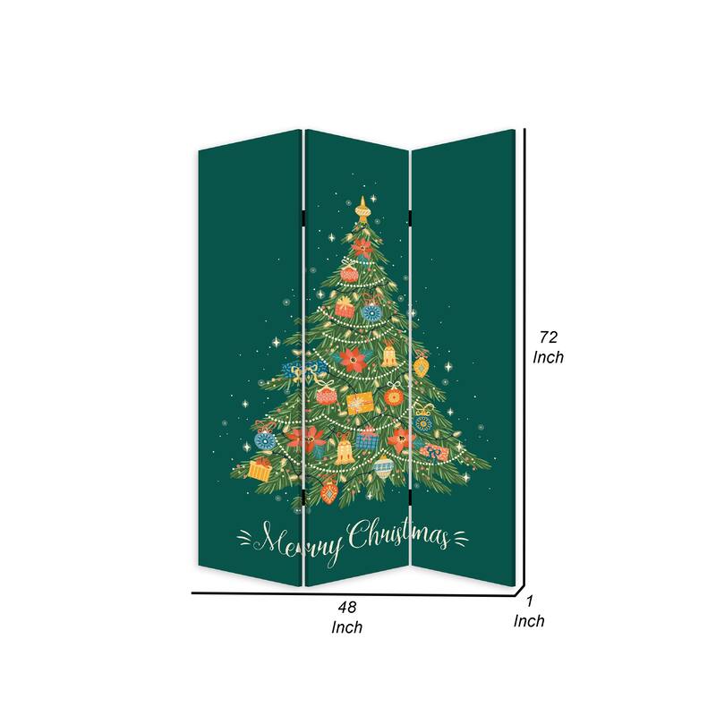 72 Inch 3 Panel Canvas Screen Room Divider, Painted Christmas Tree, Green