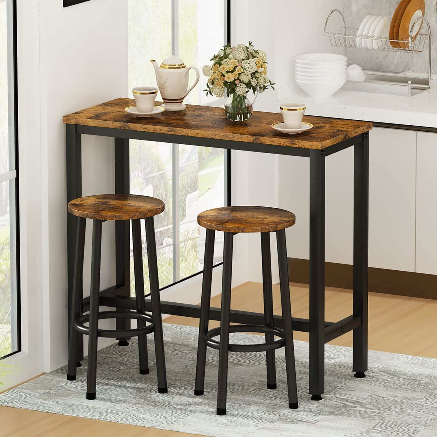 3 Piece Pub Dining Set Rustic Bar Table and Stools for 2 Kitchen Counter Height Table Set for Breakfast Nook Living Room N A