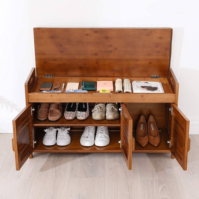 Shoe Storage Bench, Bamboo Shoe Rack with Door Storage Space and Soft Cushion