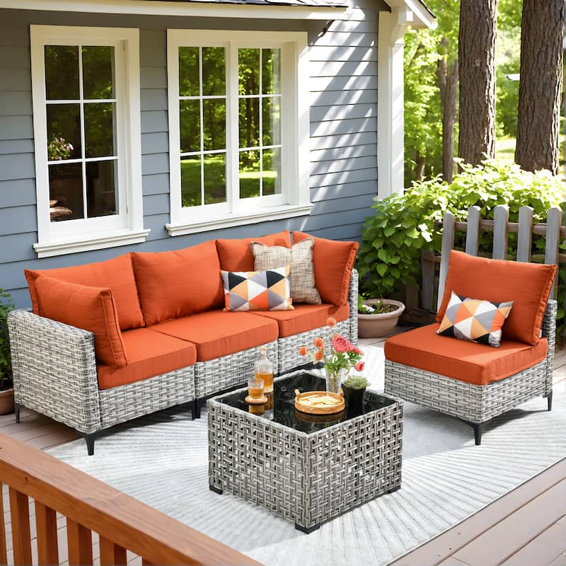 OVIOS 5 Pieces Outdoor Wicker Furniture Set With Solar-Powered Coffee Table