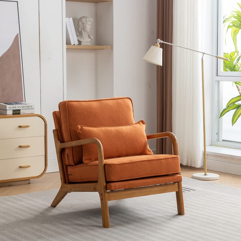 SEYNAR Mid Century Boucle Uplostered Soild Wood Accent Armchair with Pillow - Orange