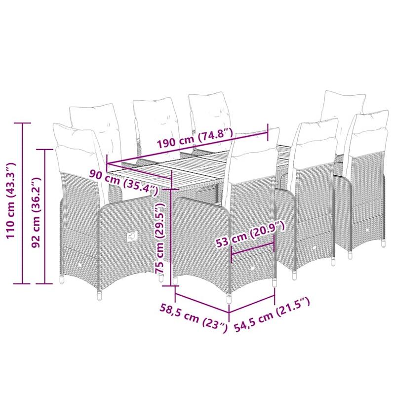 vidaXL Bistro Set Grey PE Rattan, Steel Frame, Acacia Wood 6-Seater - 21.5 x 23.0 x 36.2 in