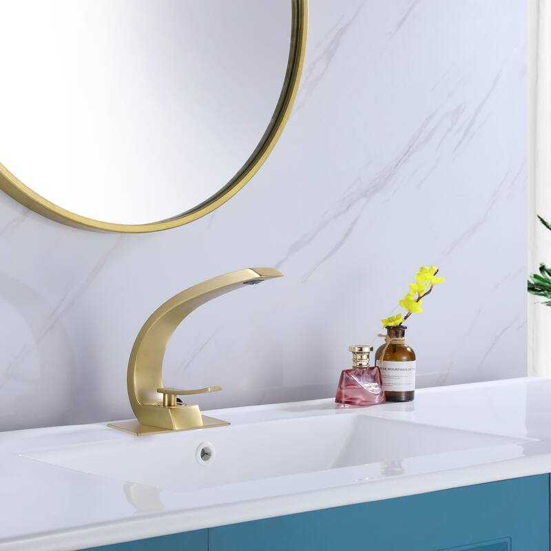 Modland C-Shaped Single Hole Bathroom Faucet, 500K Cycle CUPC Certified, 6-Inch Cover Plate, Black / Gold / Nickel / Chrome