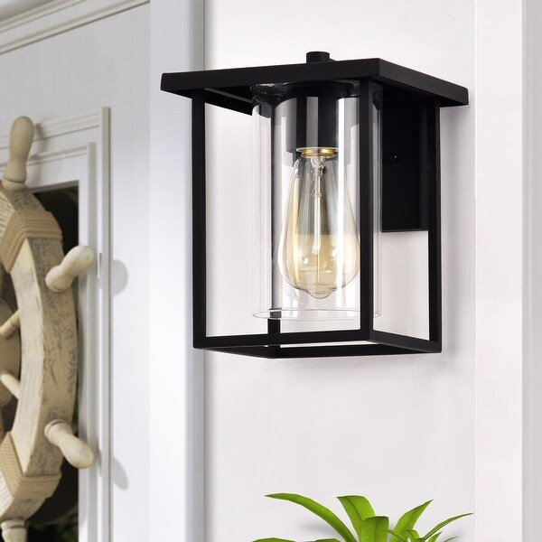 1-light 7-in./ 9.5-in. Outdoor Black Metal Wall Sconce w/ Clear Glass Shade. Opens flyout.