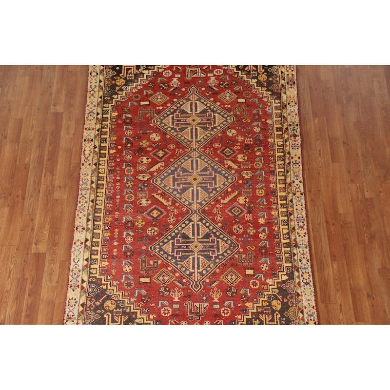 Red Animals Tribal Shiraz Persian Vintage Rug Handmade Wool Carpet - 4'6"x 8'0"