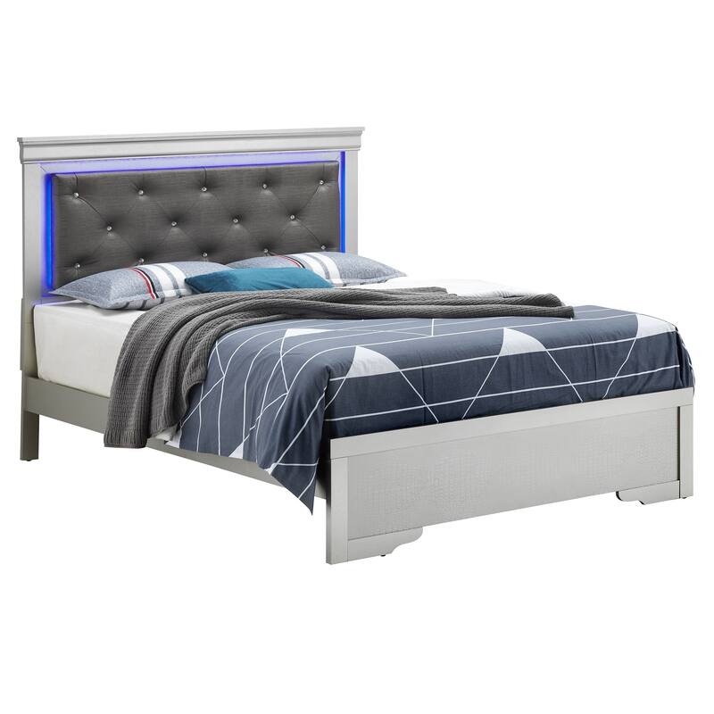LED Lighted Jewel Tufted Panel Queen Bed - 85" - Silver Champagne