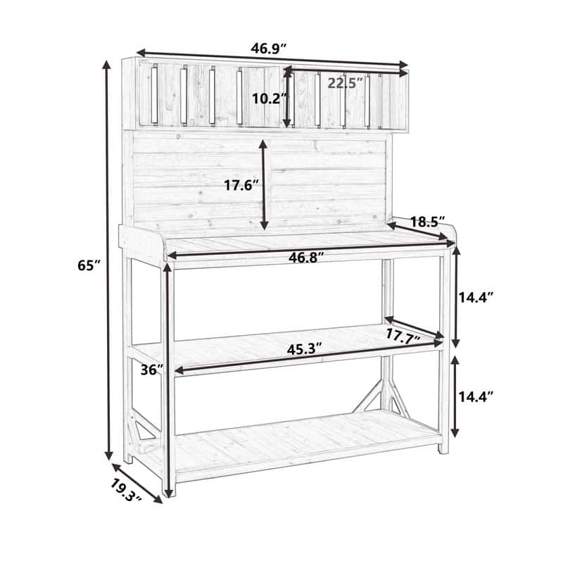Large Wooden Outdoor Potting Bench Table, Patio Workstation, Garden Potting Bench with 4 Storage Shelves and Side Hook