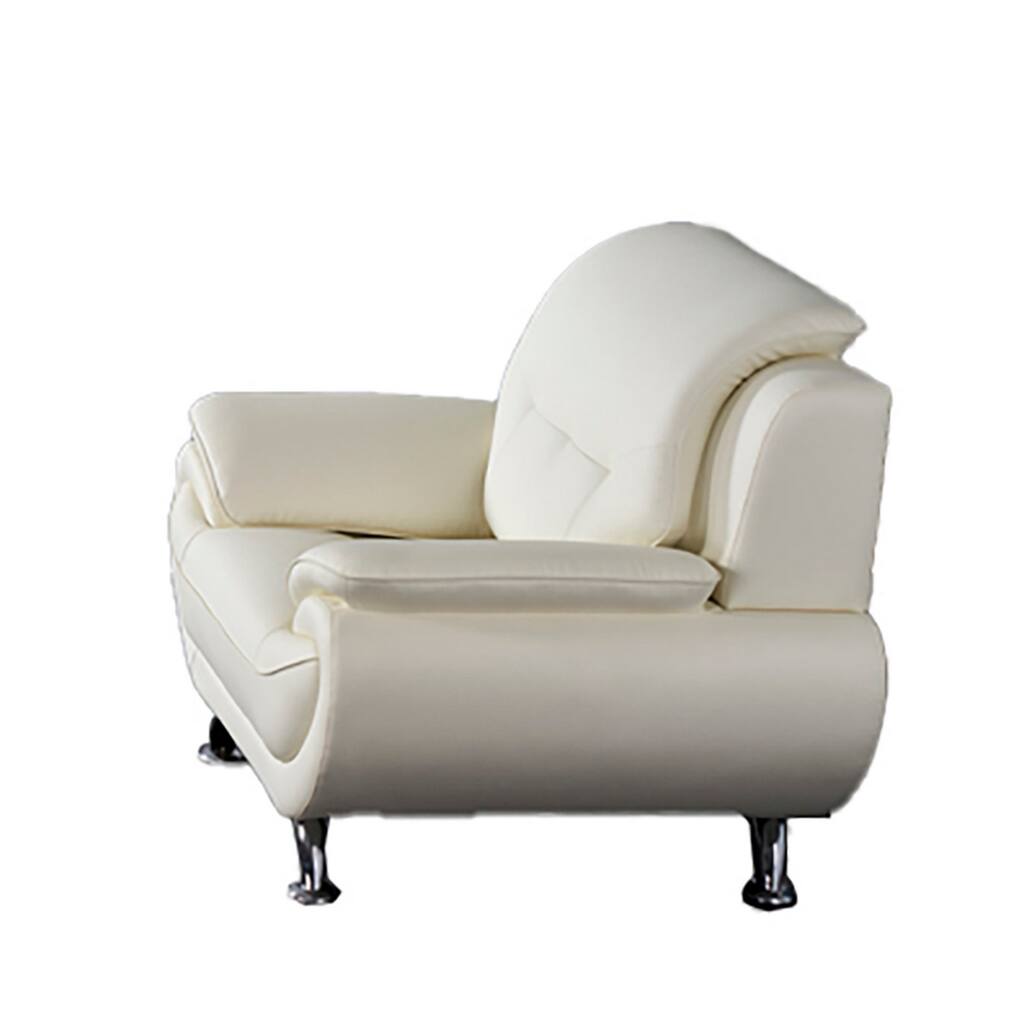 Olaf 50 Inch Sofa Chair, Tufted Ivory Faux Leather, Chrome Metal, Wood