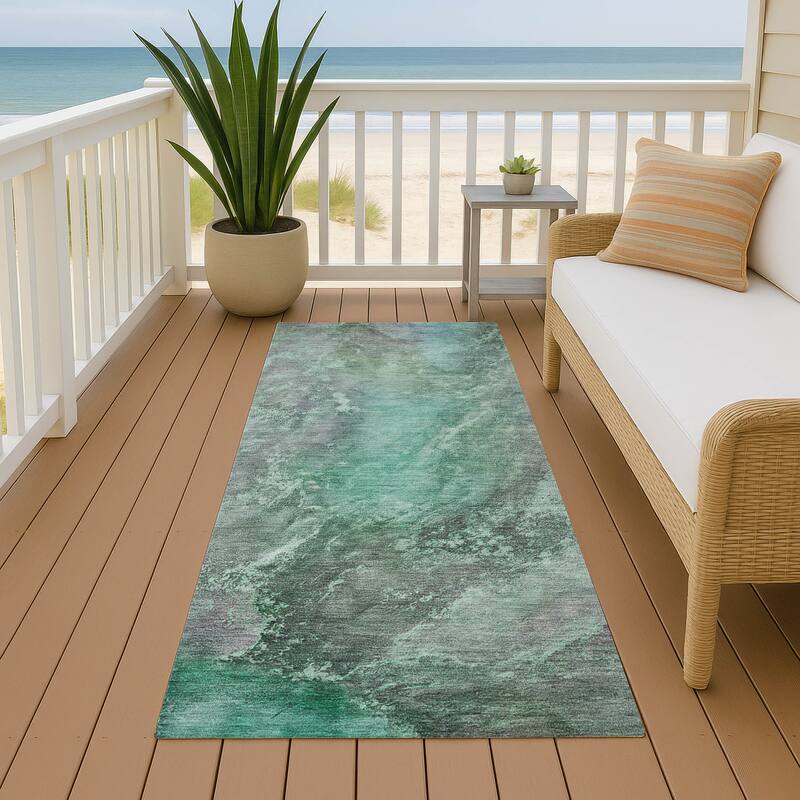 Machine Washable Indoor/ Outdoor Abstract Watercolor Chantille Rug - Teal - 2'3" x 7'6"