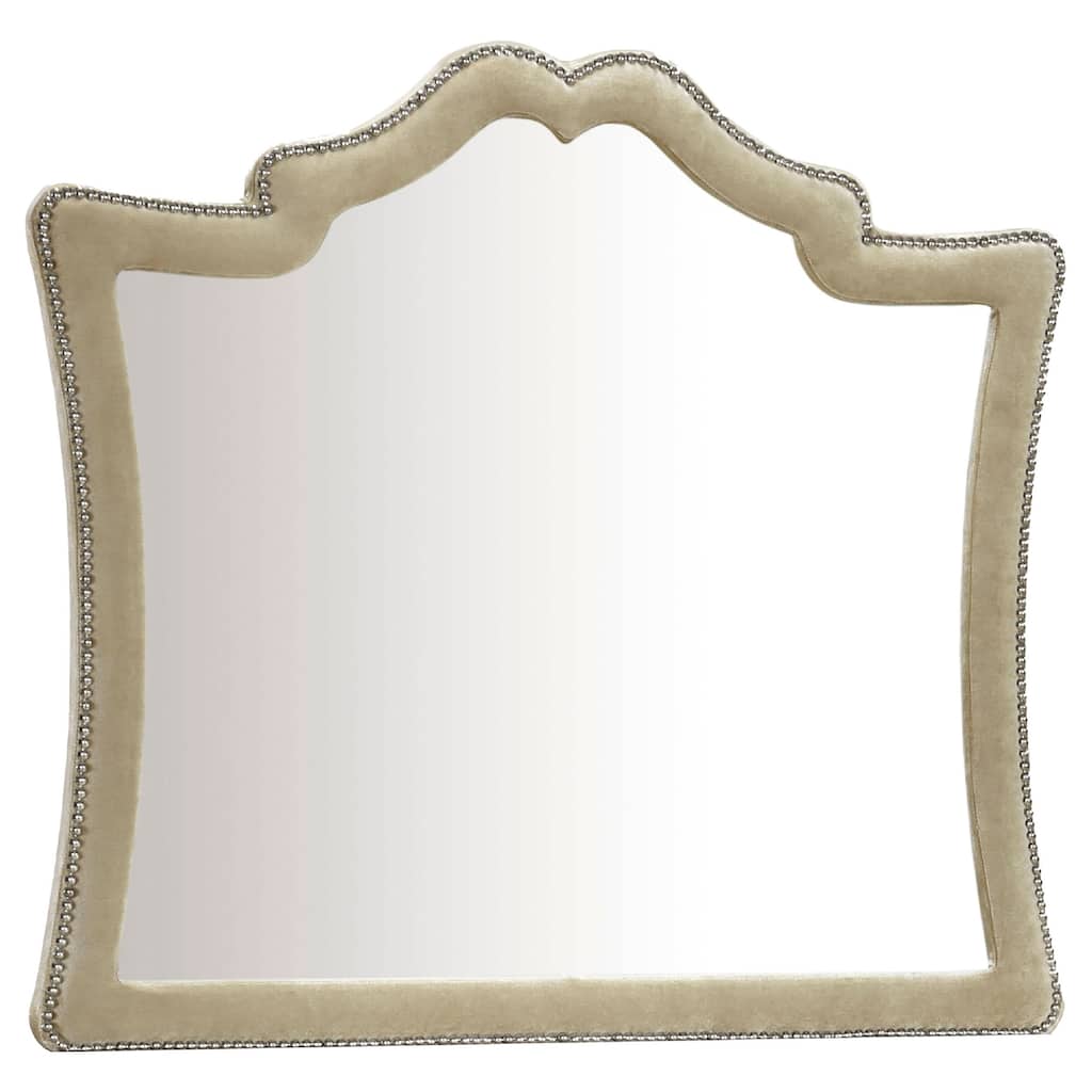 Lino Dresser Mirror, Curved Frame, Nailhead Trim, Cream Velvet 43 Inch - Camel Brown