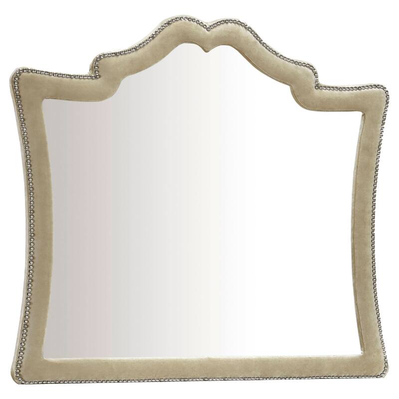 Lino Dresser Mirror, Curved Frame, Nailhead Trim, Cream Velvet 43 Inch - Camel Brown