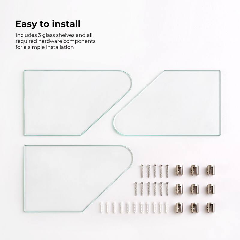 OVE Decors Bella 3-Pack Tempered Glass Corner Shelves with Stainless Steel Wall Mounted Satin Nickel Finish for Bathroom