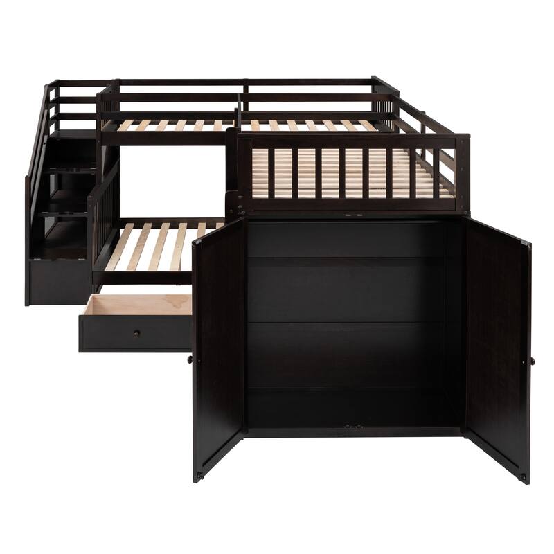 L-Shaped Bunk Bed with Storage Stairs, Fold Desk, Wardrobe, Twin - Twin Over Full Bed with Pull-out Underneath Storage Drawers