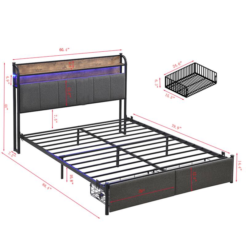 Queen Size Platform Bed Frame, Storage Headboard with Charging Station