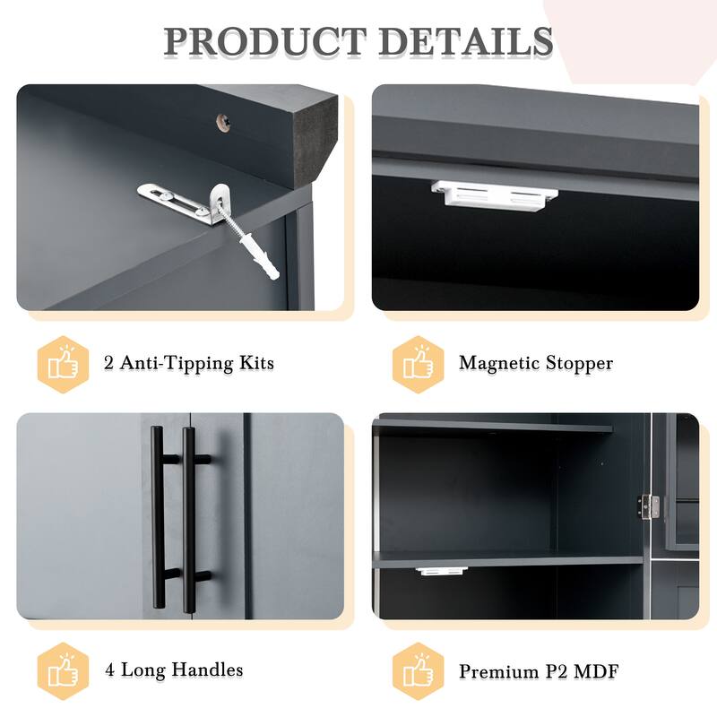 35.5 Inch Freestanding Kitchen Pantry Cabinet with 4 Doors, 8 Pull-Out Trays, Adjustable Shelves, Tall Dining Storage Organizer