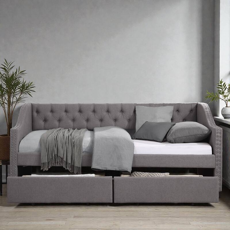 Upholstered Twin Size Daybed with Two Storage Drawers, Linen Fabric Daybed Frame with Wood Slat Support - Grey - Twin