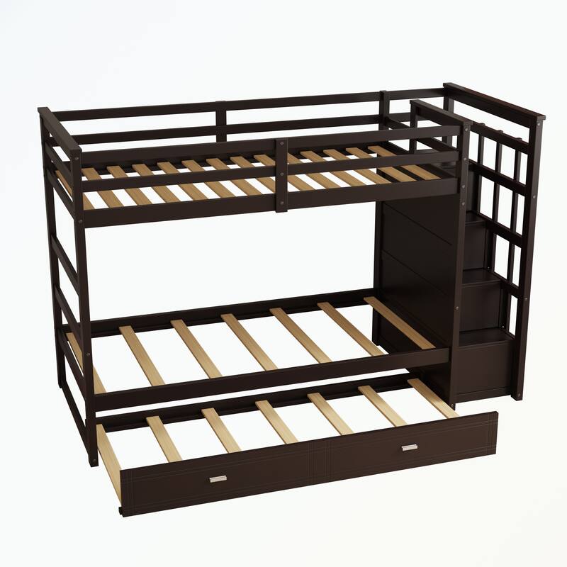 Hardwood Twin Over Twin Bunk Bed with Trundle and Staircase - Black