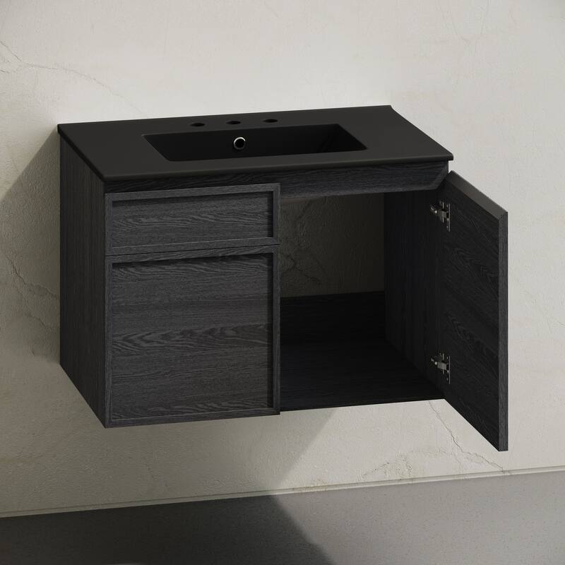 St. Tropez 30" Wall-Mounted Bathroom Vanity In Black Oak With Black 3-Hole Widespread Sink Top - 30