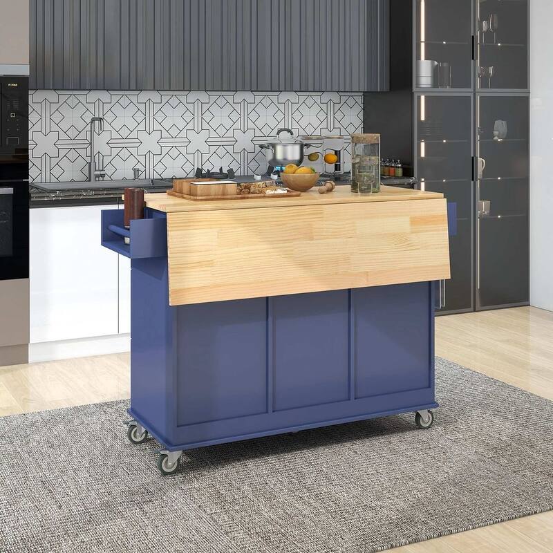 Rolling Mobile Kitchen Island with Wheels Drop Leaf, Solid Wood Top - Blue