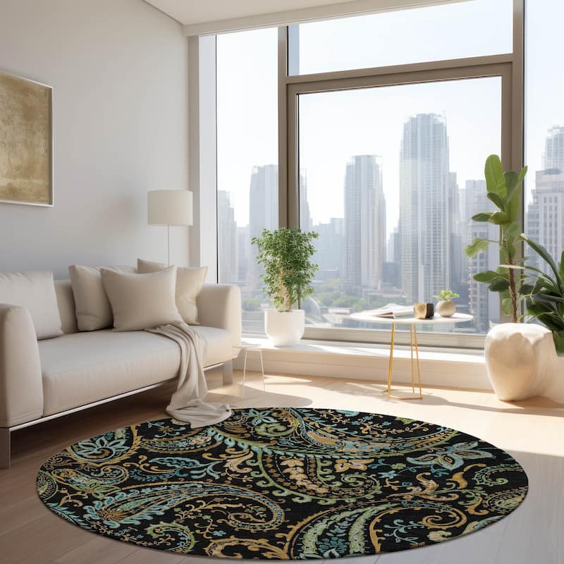 Machine Washable Indoor/ Outdoor Paisley Chantille Rug - Black - 8' x 8'